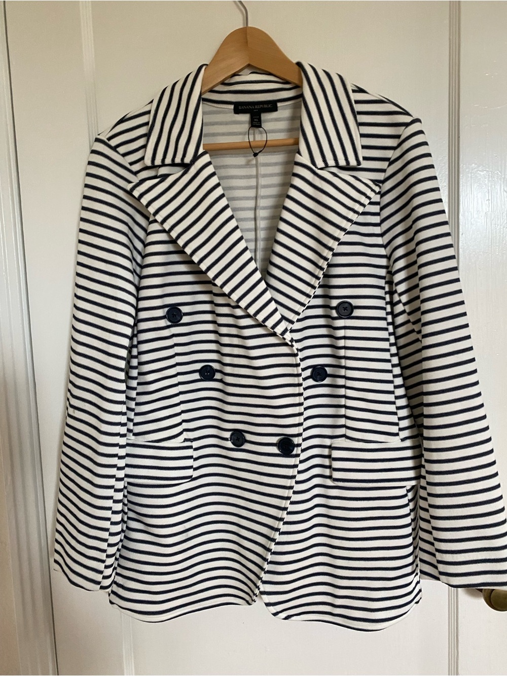 Banana Republic Women’s White and Navy Striped Double-Breasted Blazer classic